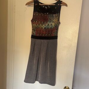 Weston Wear Multicolor Printed Bodice Black Lace Yoke Polka Dot Midi Dress